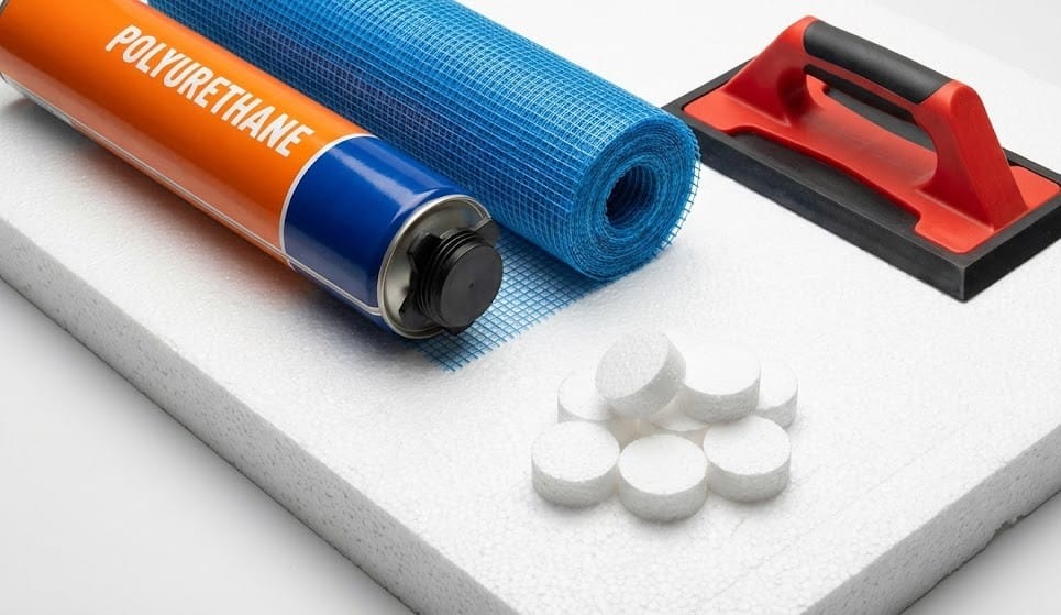 Piana montażowa, siatka zbrojąca i zatyczki styropianowe do ociepleń